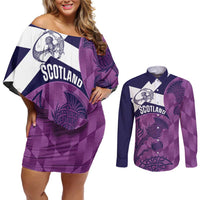 Scotland Rugby Custom Couples Matching Off Shoulder Short Dress and Long Sleeve Button Shirt Go Scottish Thistle Purple Version - Wonder Print Shop