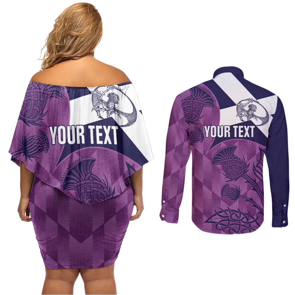 Scotland Rugby Custom Couples Matching Off Shoulder Short Dress and Long Sleeve Button Shirt Go Scottish Thistle Purple Version - Wonder Print Shop