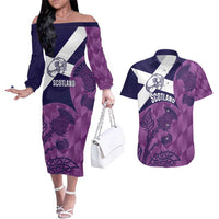 Scotland Rugby Custom Couples Matching Off The Shoulder Long Sleeve Dress and Hawaiian Shirt Go Scottish Thistle Purple Version - Wonder Print Shop