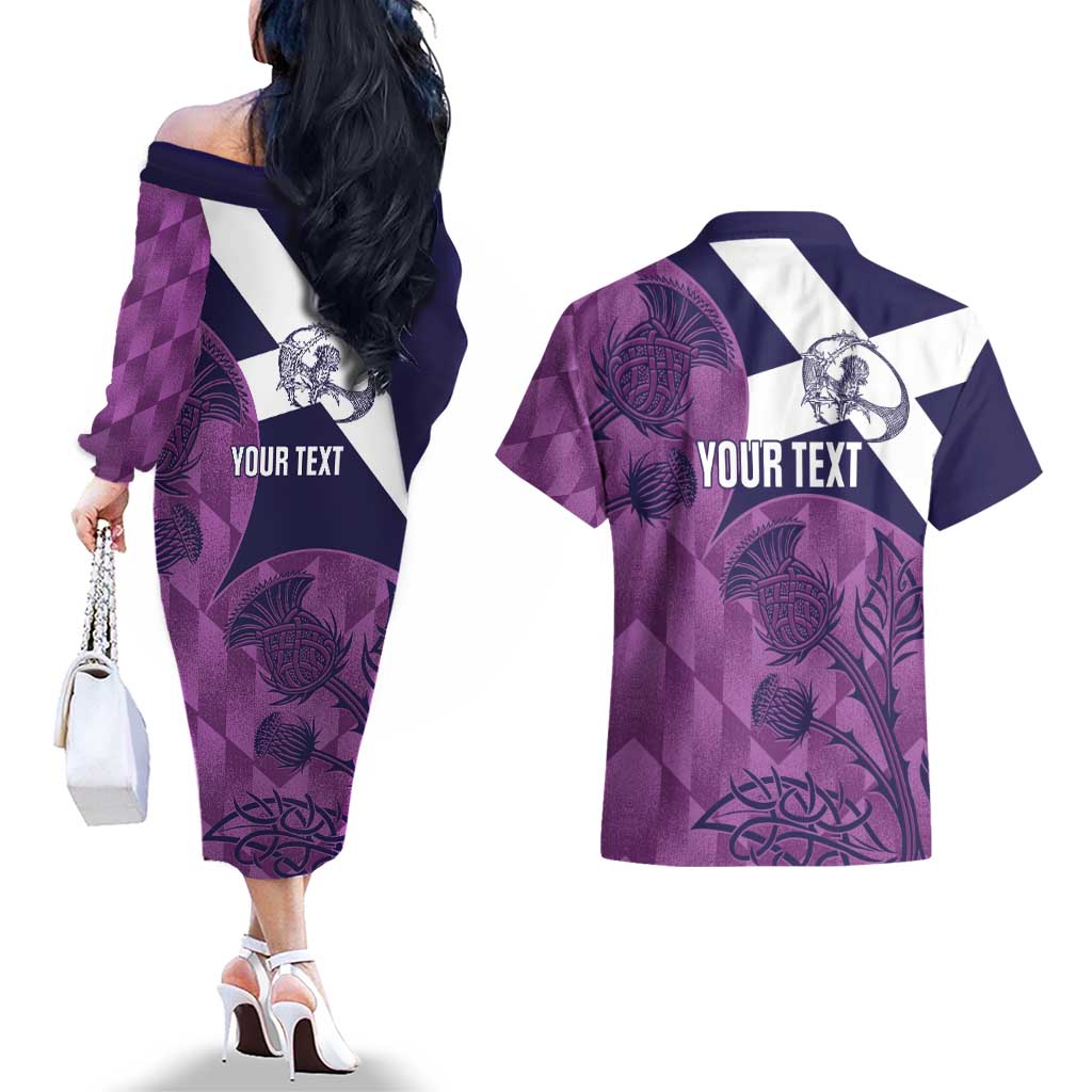 Scotland Rugby Custom Couples Matching Off The Shoulder Long Sleeve Dress and Hawaiian Shirt Go Scottish Thistle Purple Version - Wonder Print Shop