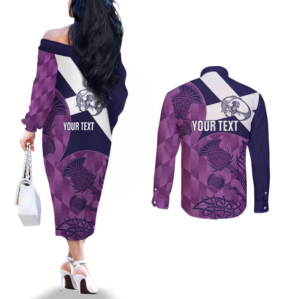 Scotland Rugby Custom Couples Matching Off The Shoulder Long Sleeve Dress and Long Sleeve Button Shirt Go Scottish Thistle Purple Version - Wonder Print Shop