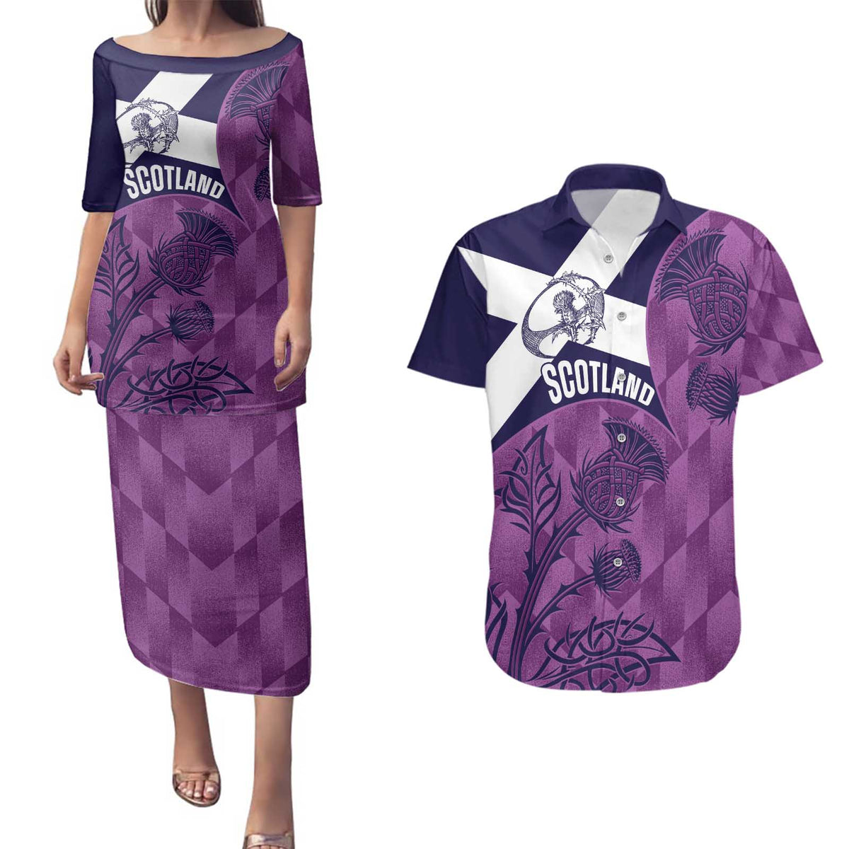 Scotland Rugby Custom Couples Matching Puletasi and Hawaiian Shirt Go Scottish Thistle Purple Version - Wonder Print Shop