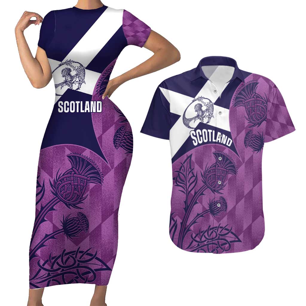 Scotland Rugby Custom Couples Matching Short Sleeve Bodycon Dress and Hawaiian Shirt Go Scottish Thistle Purple Version - Wonder Print Shop