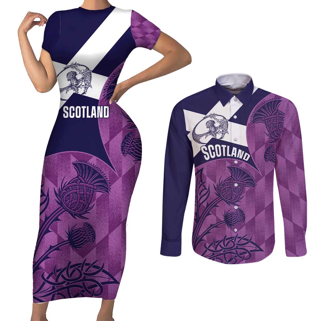Scotland Rugby Custom Couples Matching Short Sleeve Bodycon Dress and Long Sleeve Button Shirt Go Scottish Thistle Purple Version - Wonder Print Shop
