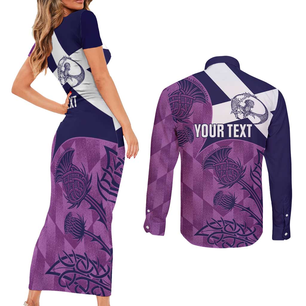 Scotland Rugby Custom Couples Matching Short Sleeve Bodycon Dress and Long Sleeve Button Shirt Go Scottish Thistle Purple Version - Wonder Print Shop