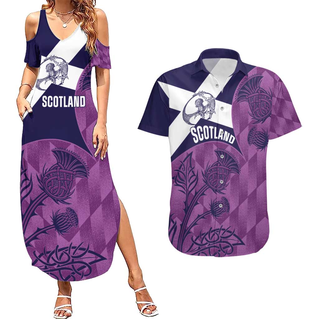 Scotland Rugby Custom Couples Matching Summer Maxi Dress and Hawaiian Shirt Go Scottish Thistle Purple Version - Wonder Print Shop