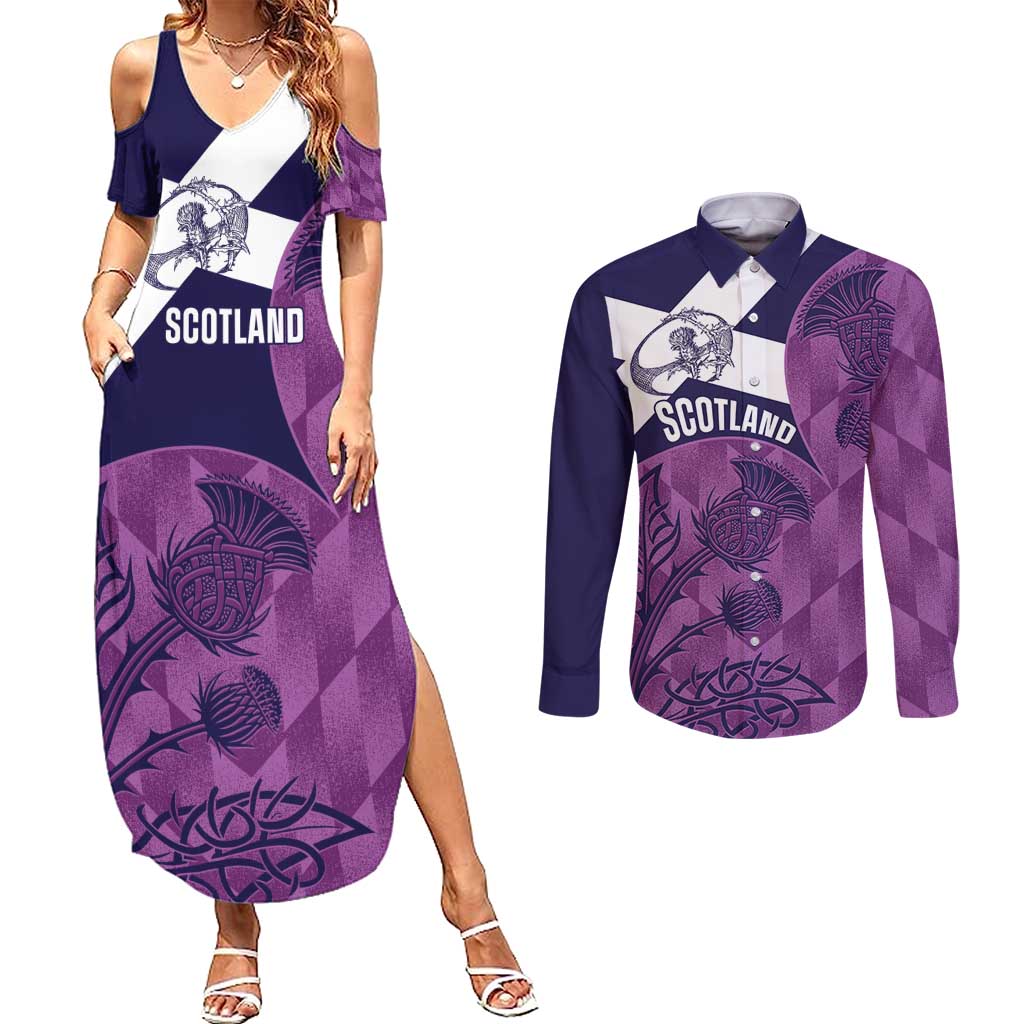 Scotland Rugby Custom Couples Matching Summer Maxi Dress and Long Sleeve Button Shirt Go Scottish Thistle Purple Version - Wonder Print Shop