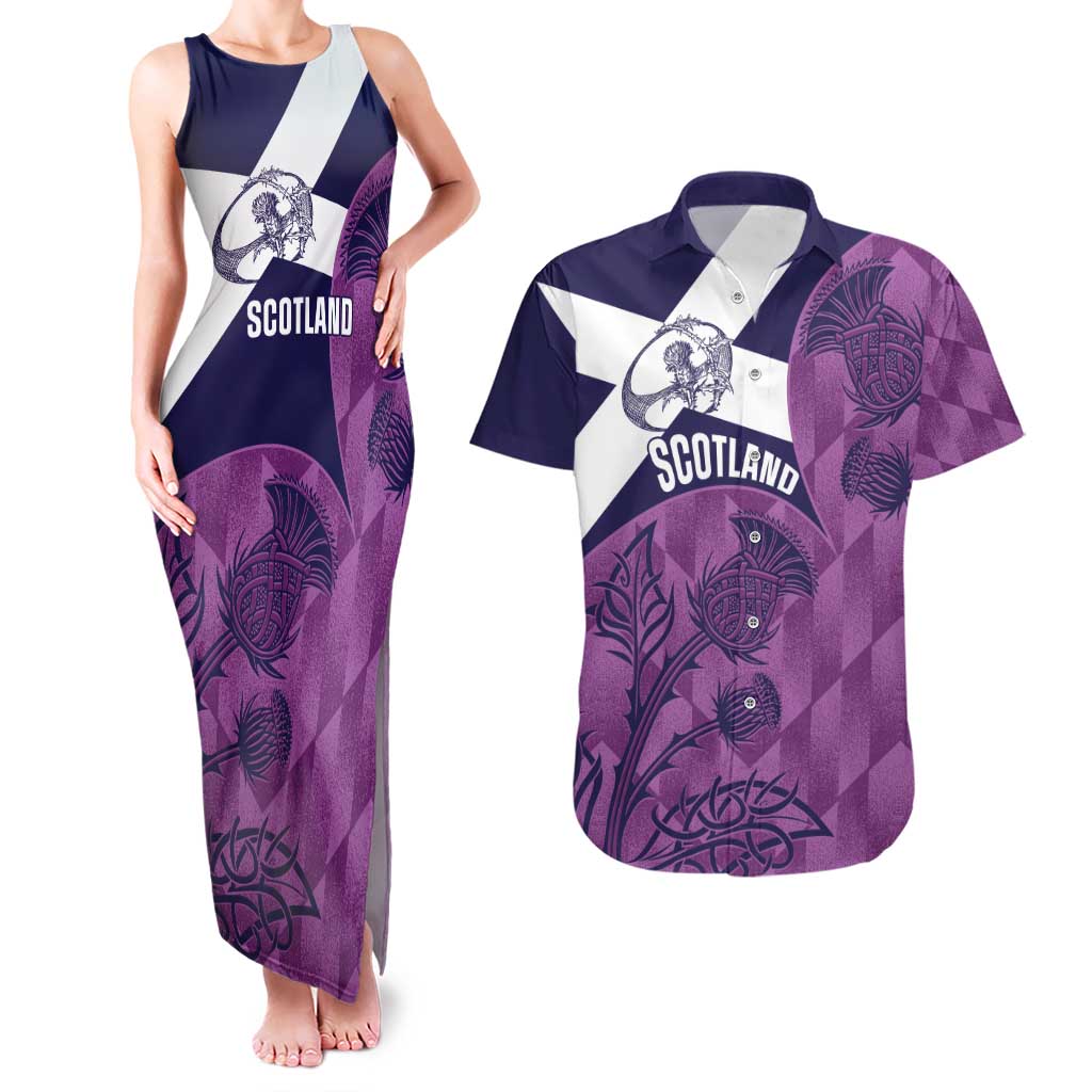 Scotland Rugby Custom Couples Matching Tank Maxi Dress and Hawaiian Shirt Go Scottish Thistle Purple Version - Wonder Print Shop