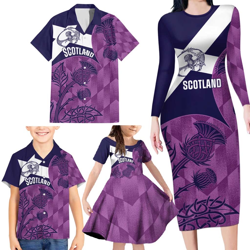 Scotland Rugby Custom Family Matching Long Sleeve Bodycon Dress and Hawaiian Shirt Go Scottish Thistle Purple Version - Wonder Print Shop
