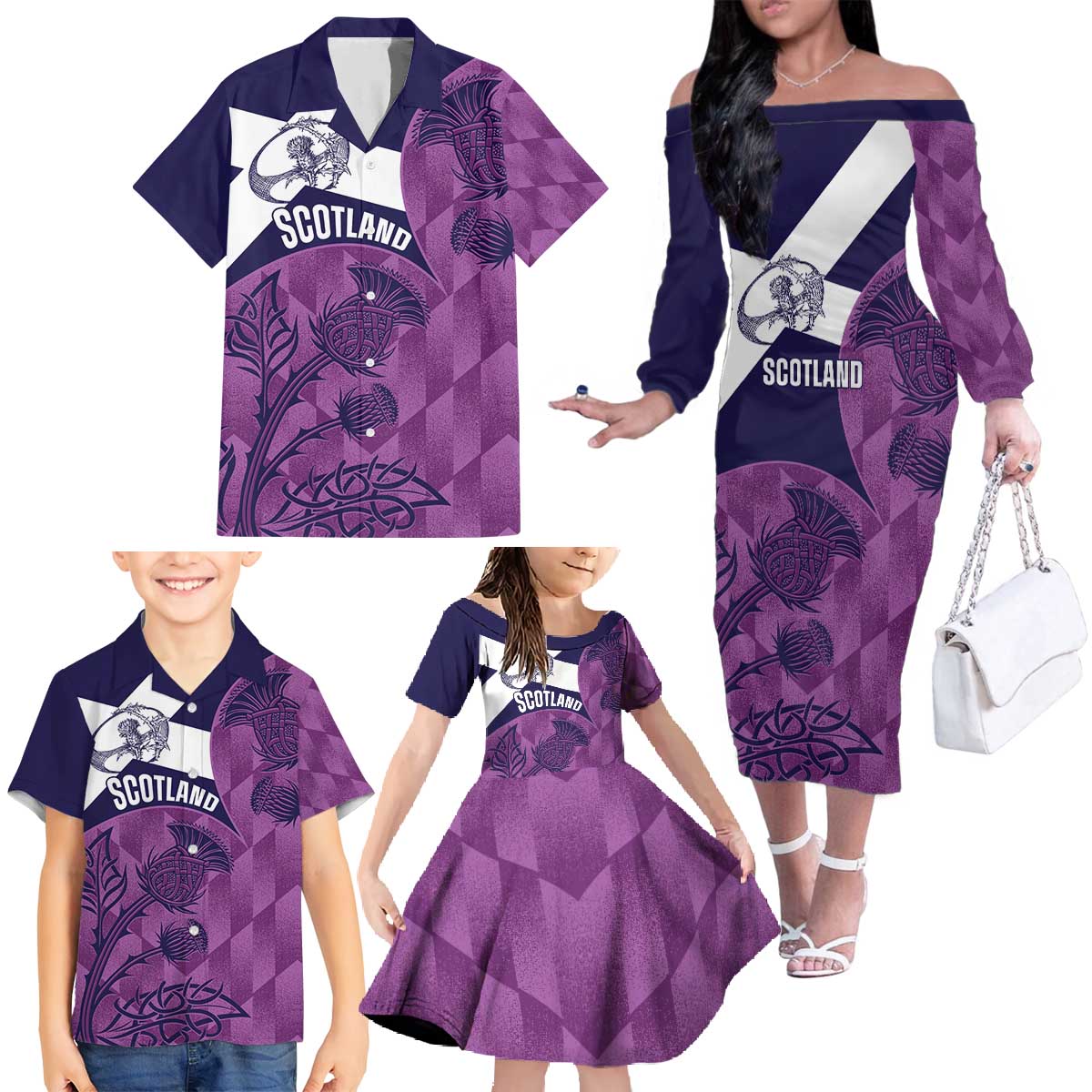 Scotland Rugby Custom Family Matching Off The Shoulder Long Sleeve Dress and Hawaiian Shirt Go Scottish Thistle Purple Version - Wonder Print Shop