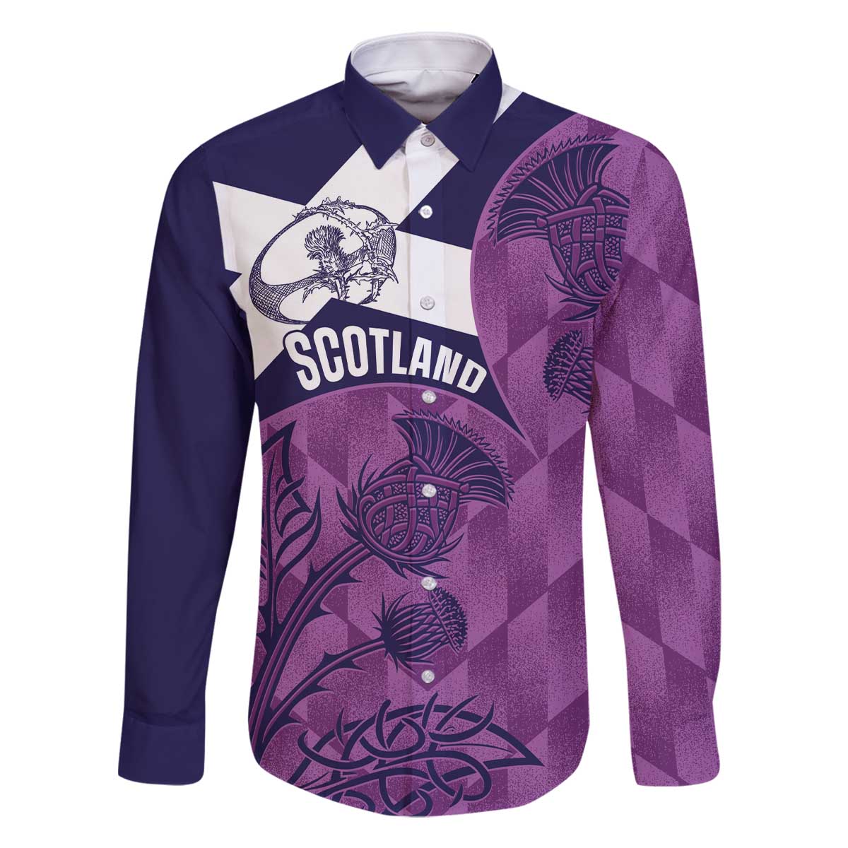 Scotland Rugby Custom Family Matching Off The Shoulder Long Sleeve Dress and Hawaiian Shirt Go Scottish Thistle Purple Version - Wonder Print Shop