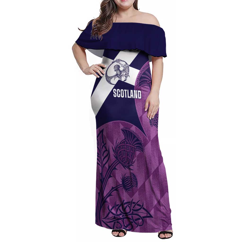 Scotland Rugby Custom Family Matching Off Shoulder Maxi Dress and Hawaiian Shirt Go Scottish Thistle Purple Version - Wonder Print Shop