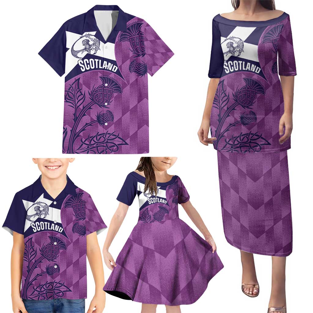 Scotland Rugby Custom Family Matching Puletasi and Hawaiian Shirt Go Scottish Thistle Purple Version - Wonder Print Shop