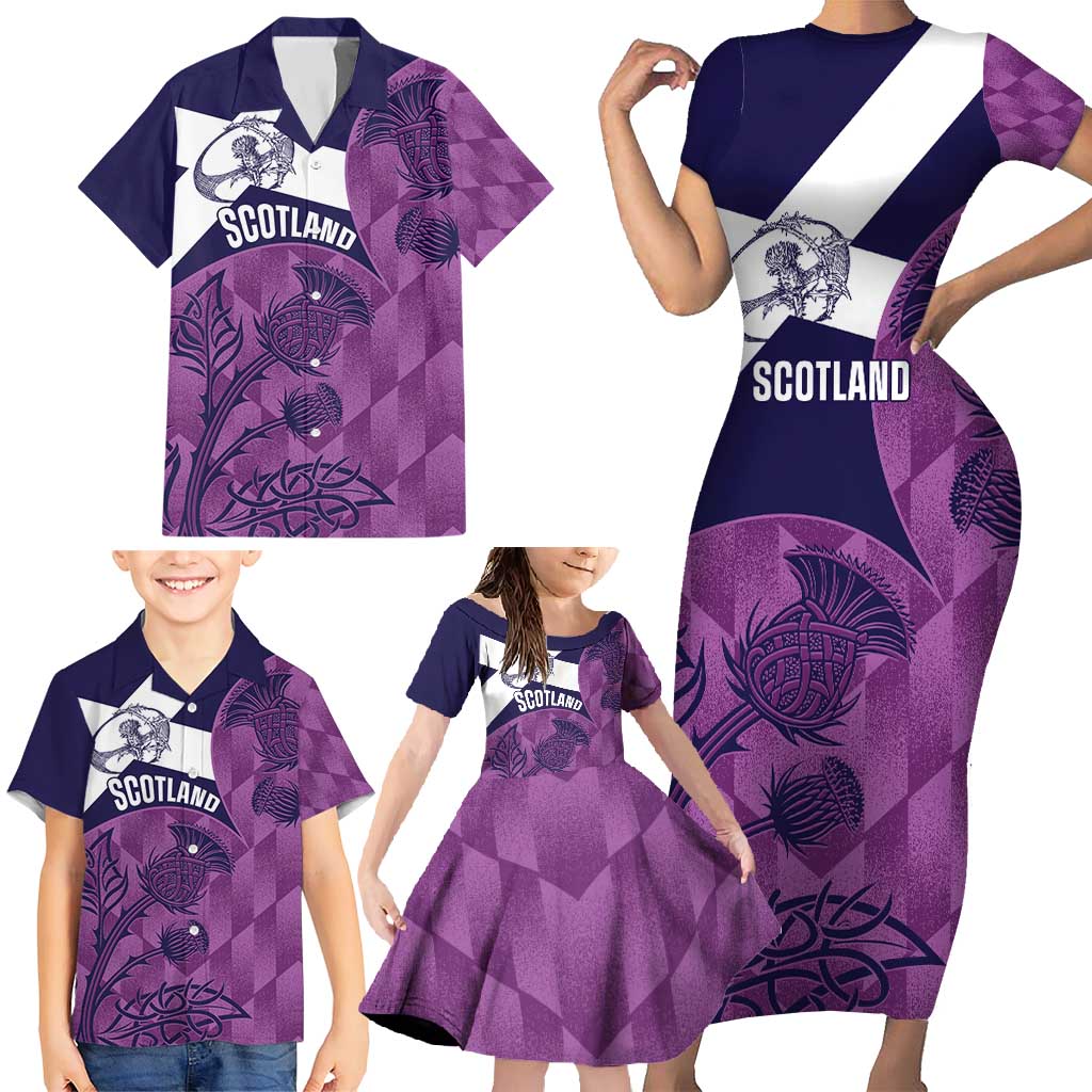 Scotland Rugby Custom Family Matching Short Sleeve Bodycon Dress and Hawaiian Shirt Go Scottish Thistle Purple Version - Wonder Print Shop