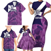Scotland Rugby Custom Family Matching Short Sleeve Bodycon Dress and Hawaiian Shirt Go Scottish Thistle Purple Version - Wonder Print Shop