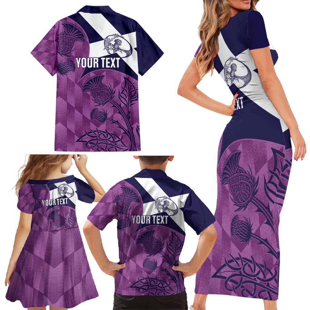 Scotland Rugby Custom Family Matching Short Sleeve Bodycon Dress and Hawaiian Shirt Go Scottish Thistle Purple Version - Wonder Print Shop