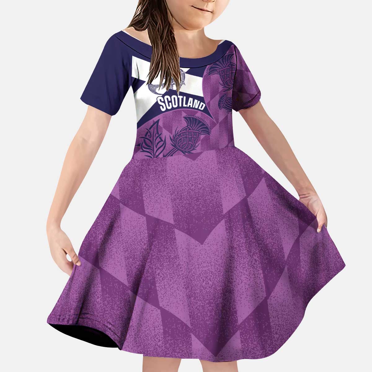 Scotland Rugby Custom Kid Short Sleeve Dress Go Scottish Thistle Purple Version - Wonder Print Shop