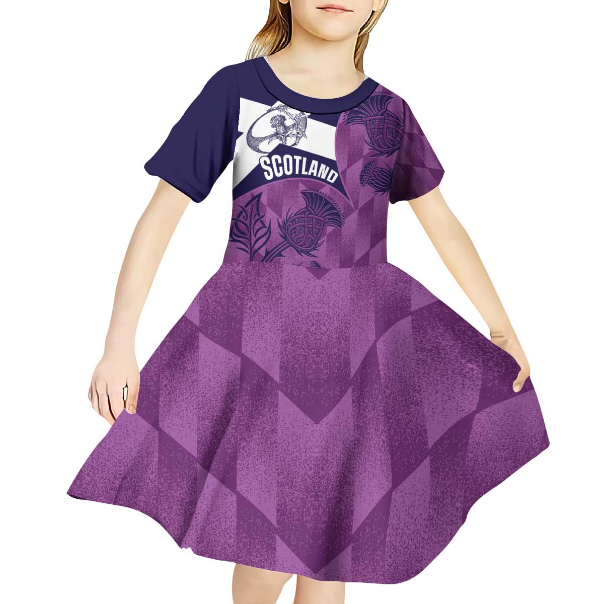 Scotland Rugby Custom Kid Short Sleeve Dress Go Scottish Thistle Purple Version - Wonder Print Shop