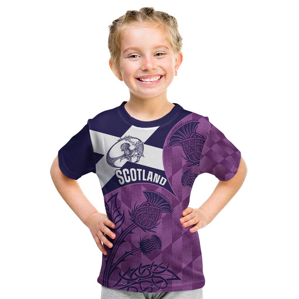 Scotland Rugby Custom Kid T Shirt Go Scottish Thistle Purple Version - Wonder Print Shop