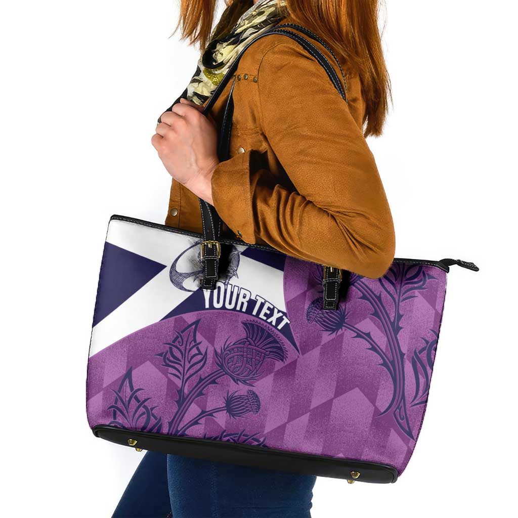 Scotland Rugby Custom Leather Tote Bag Go Scottish Thistle Purple Version - Wonder Print Shop
