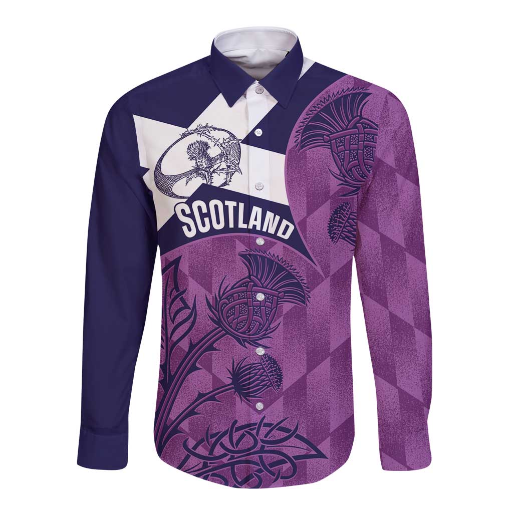 Scotland Rugby Custom Long Sleeve Button Shirt Go Scottish Thistle Purple Version - Wonder Print Shop