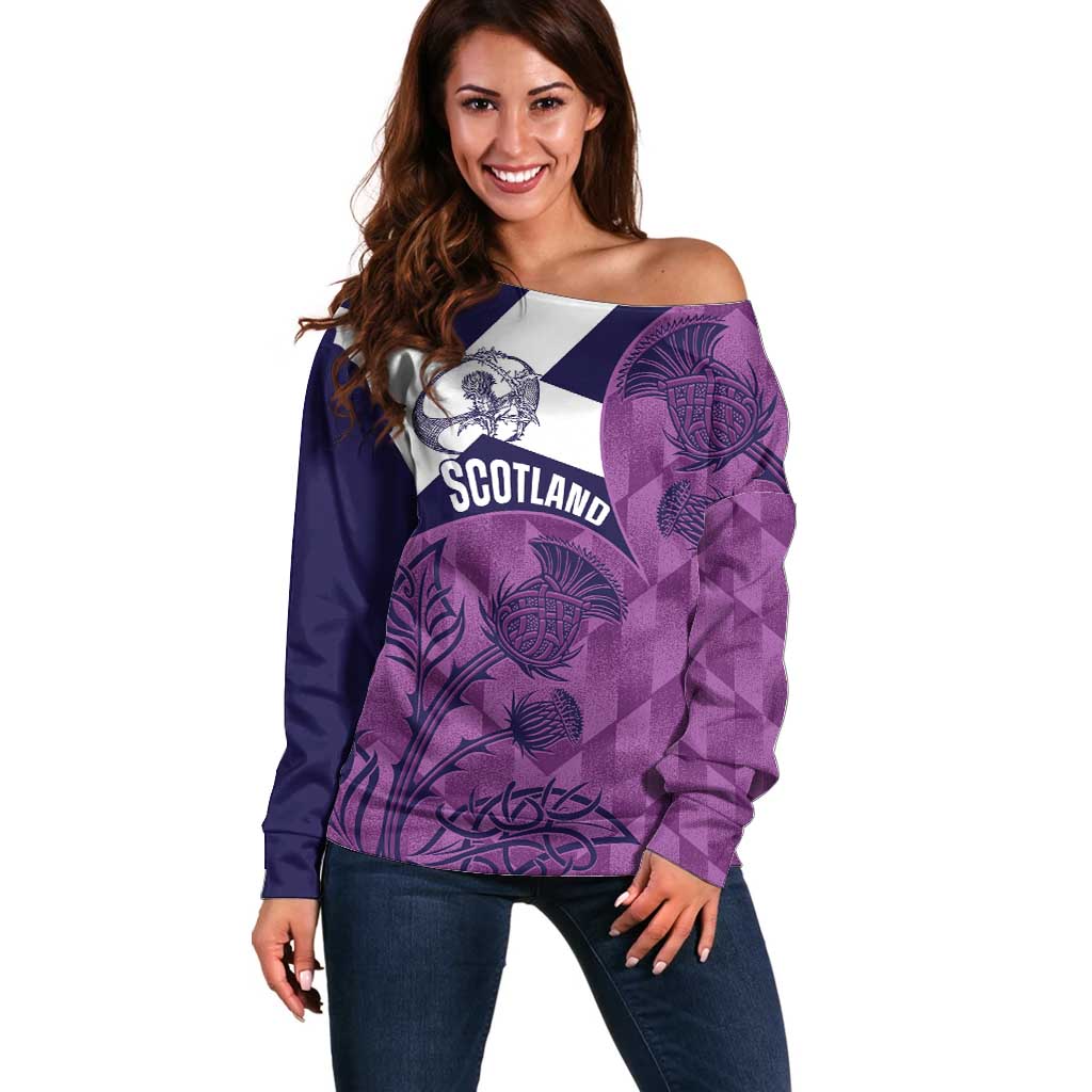 Scotland Rugby Custom Off Shoulder Sweater Go Scottish Thistle Purple Version - Wonder Print Shop