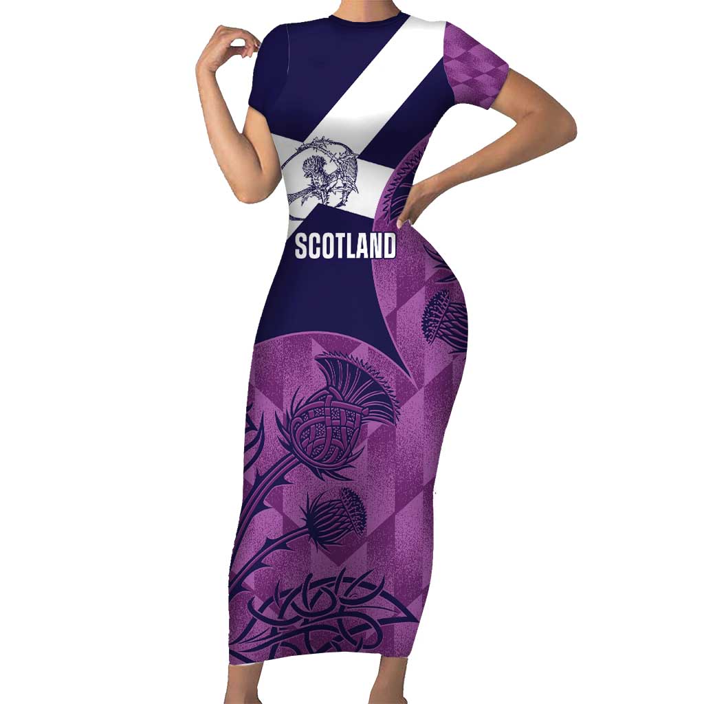 Scotland Rugby Custom Short Sleeve Bodycon Dress Go Scottish Thistle Purple Version - Wonder Print Shop