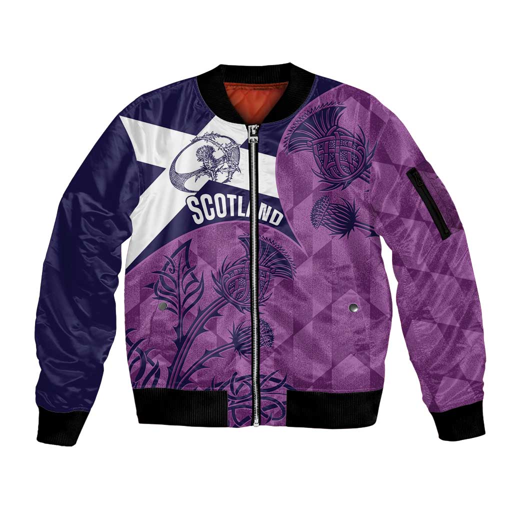 Scotland Rugby Custom Sleeve Zip Bomber Jacket Go Scottish Thistle Purple Version - Wonder Print Shop