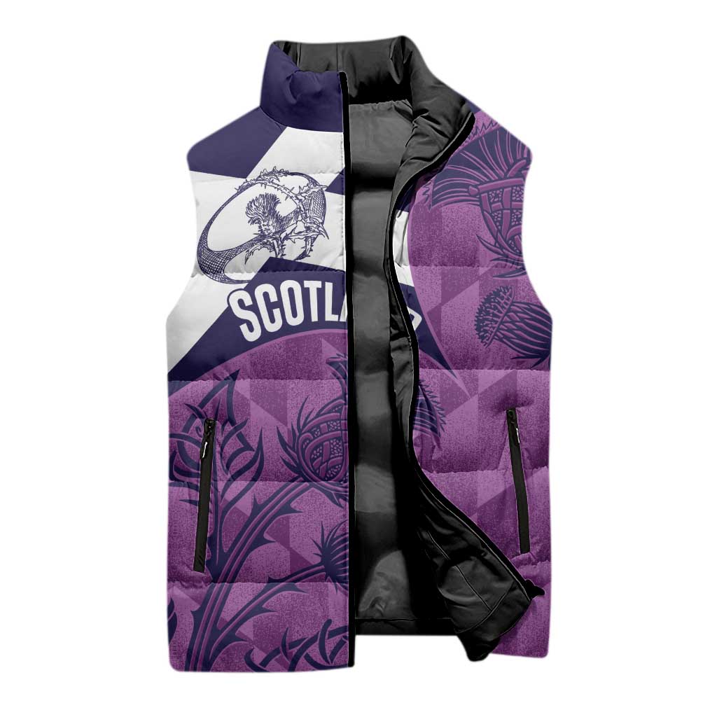 Scotland Rugby Custom Sleeveless Puffer Jacket Go Scottish Thistle Purple Version - Wonder Print Shop