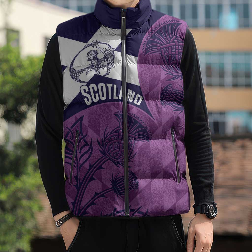 Scotland Rugby Custom Sleeveless Puffer Jacket Go Scottish Thistle Purple Version - Wonder Print Shop