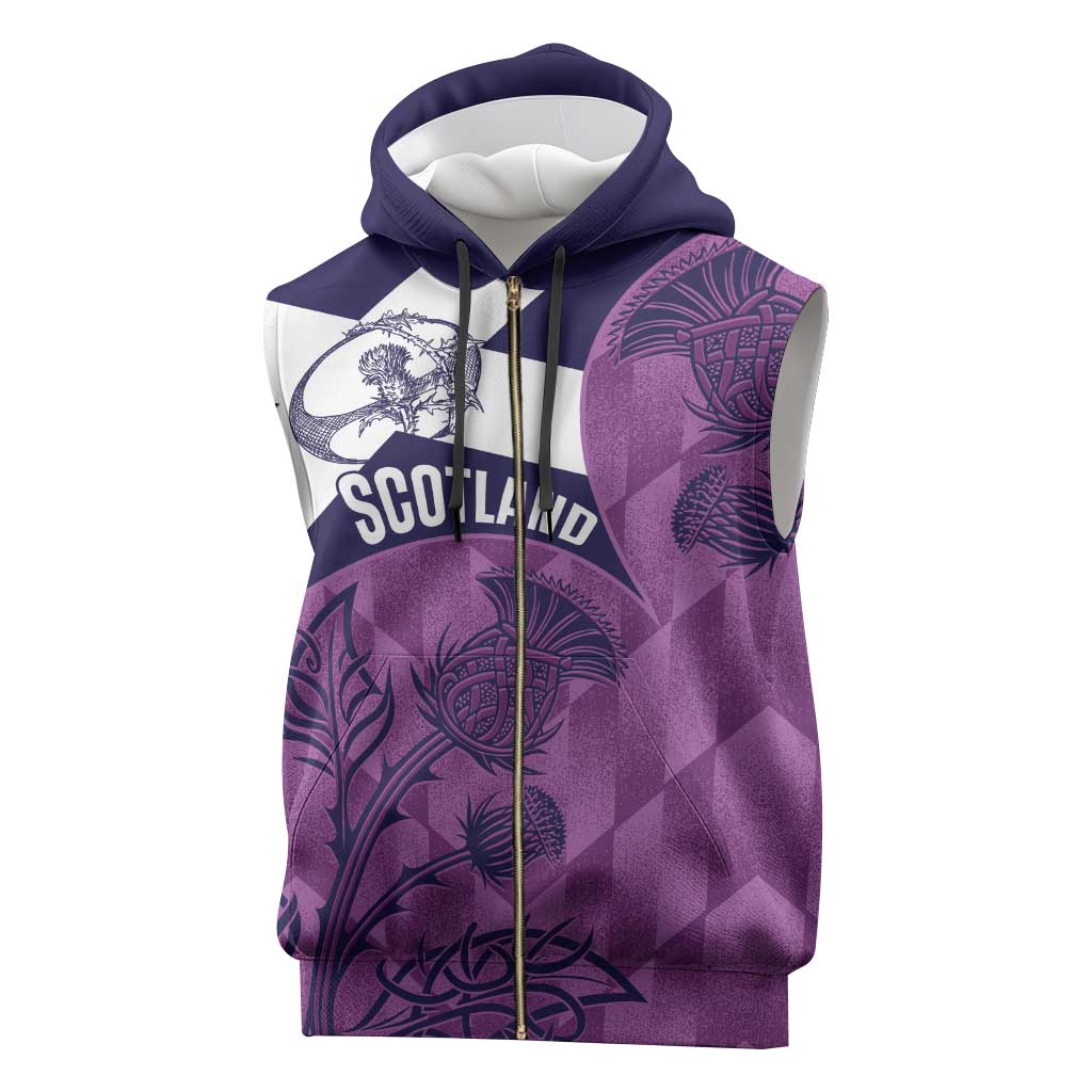 Scotland Rugby Custom Sleeveless Zip Hoodie Go Scottish Thistle Purple Version - Wonder Print Shop