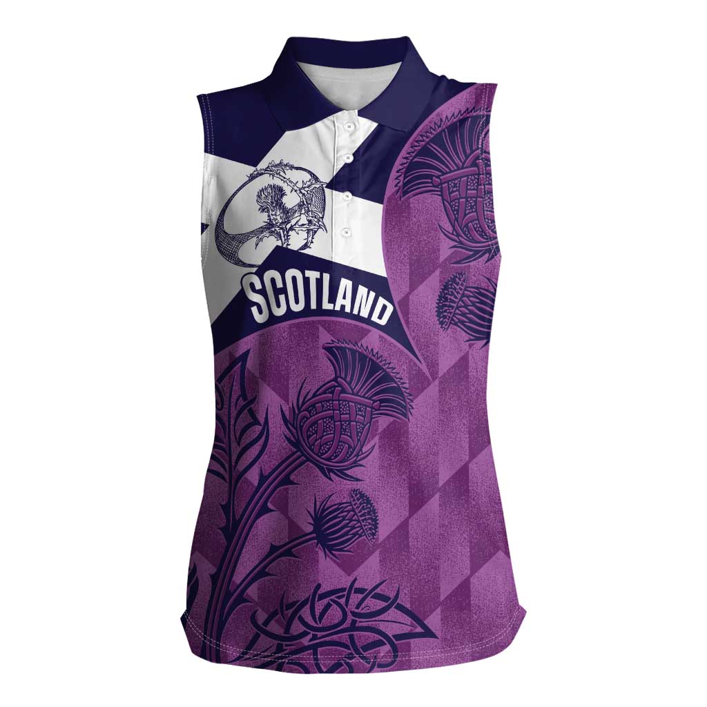 Scotland Rugby Custom Women Sleeveless Polo Shirt Go Scottish Thistle Purple Version - Wonder Print Shop