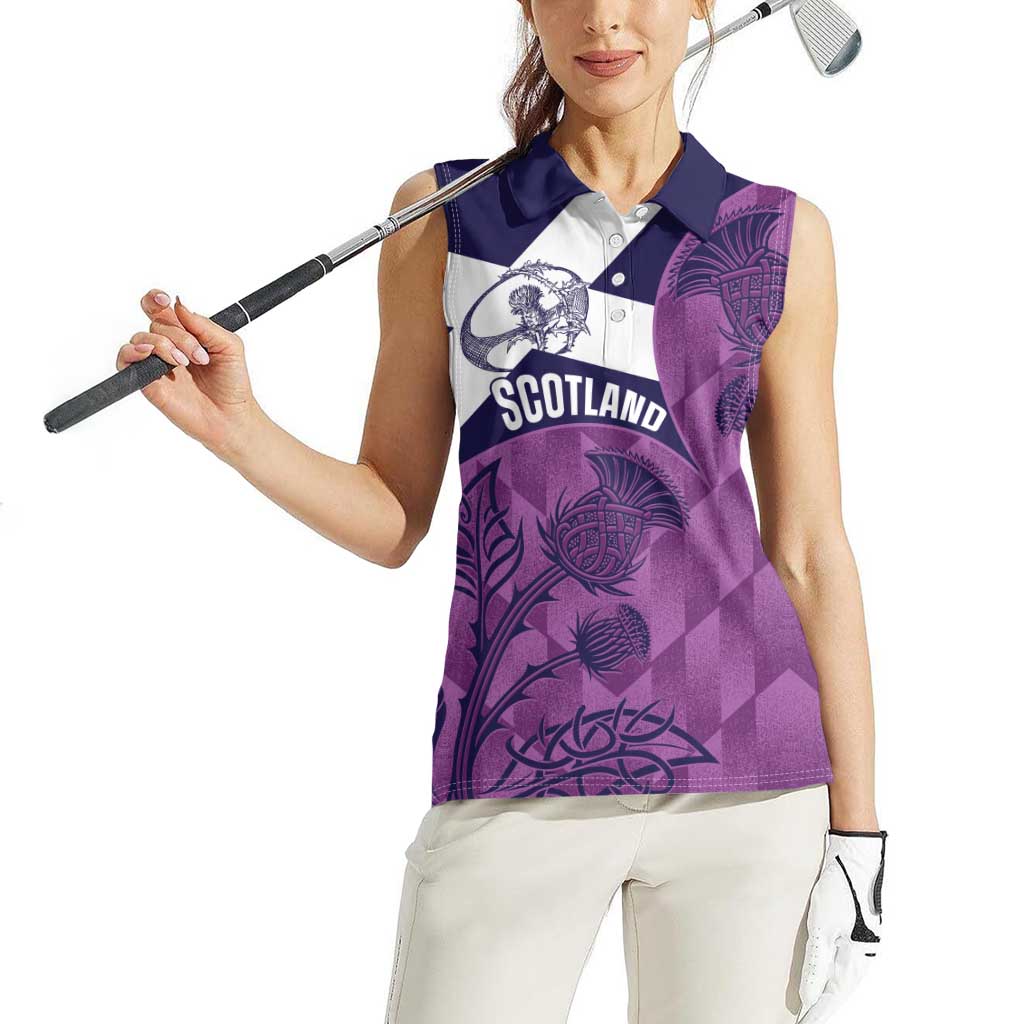 Scotland Rugby Custom Women Sleeveless Polo Shirt Go Scottish Thistle Purple Version - Wonder Print Shop