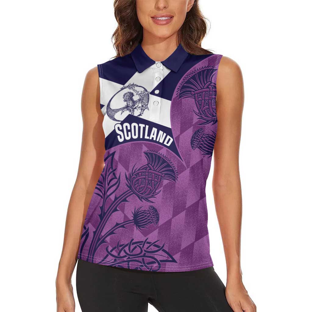 Scotland Rugby Custom Women Sleeveless Polo Shirt Go Scottish Thistle Purple Version - Wonder Print Shop