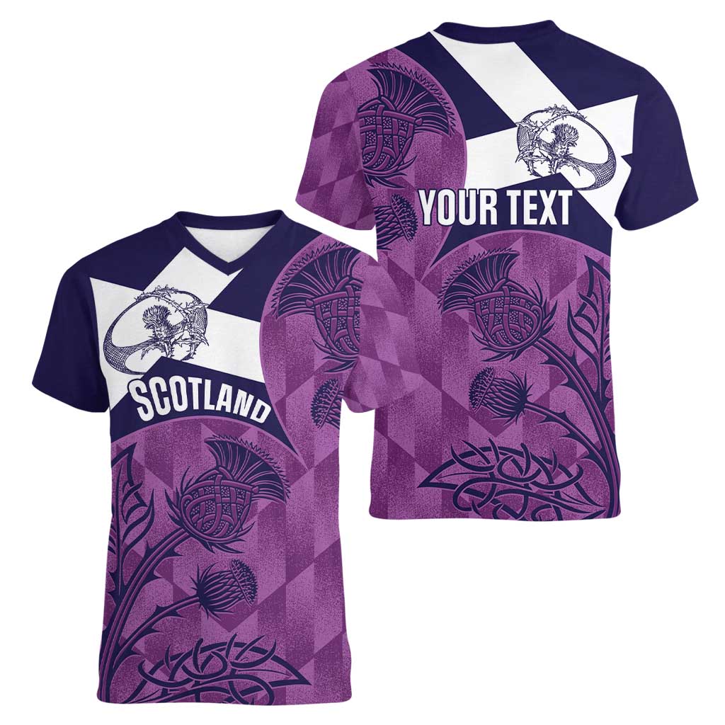 Scotland Rugby Custom Women V-Neck T-Shirt Go Scottish Thistle Purple Version - Wonder Print Shop