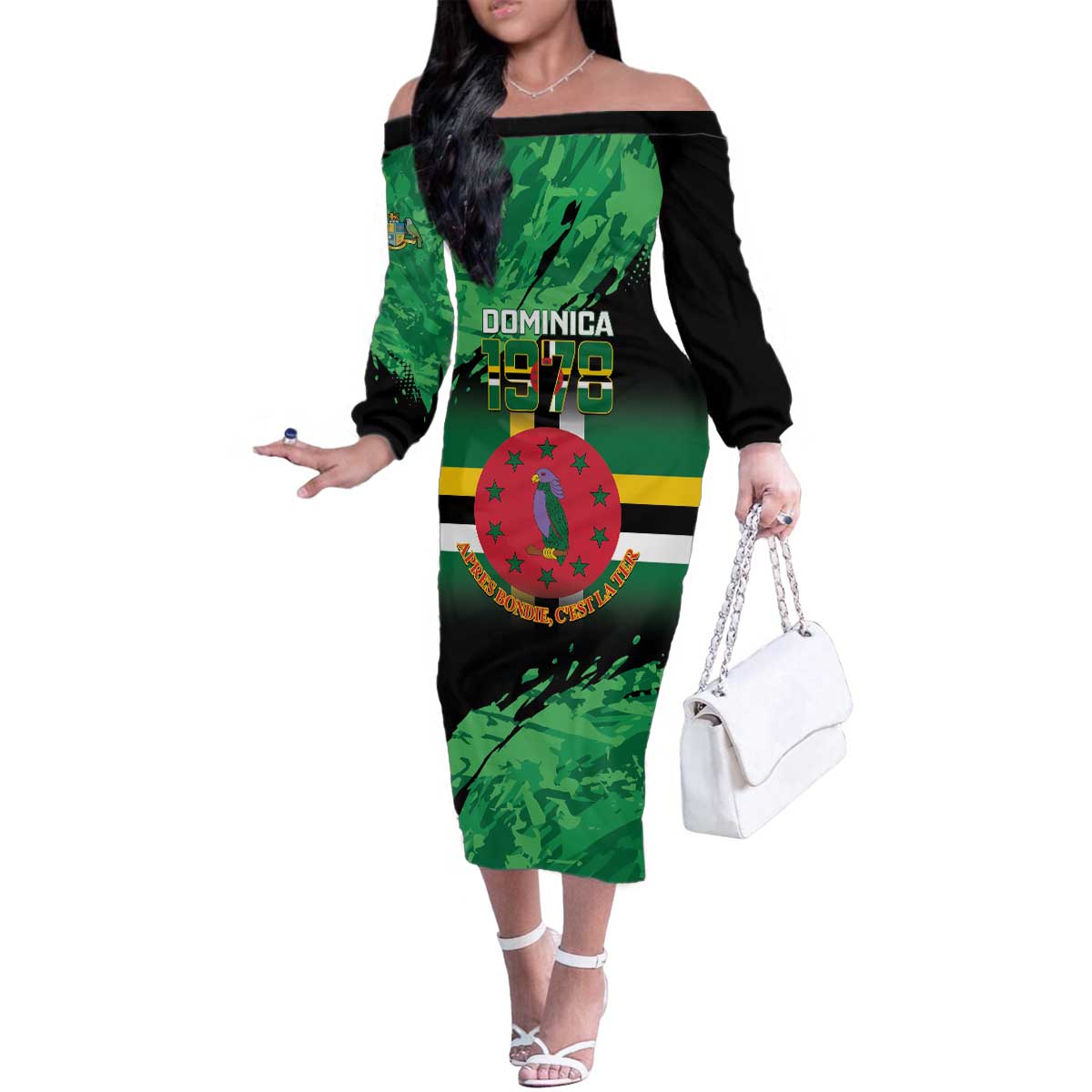 Persionalized Dominica 1978 Family Matching Off The Shoulder Long Sleeve Dress and Hawaiian Shirt Dominik Independence Anniversary Grunge Style - Wonder Print Shop