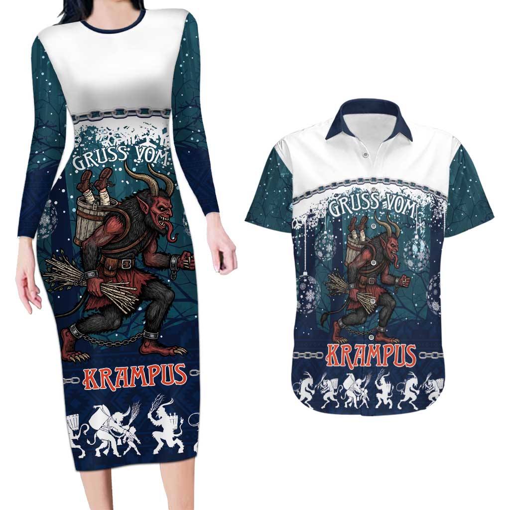 Gruss vom Krampus Christmas Couples Matching Long Sleeve Bodycon Dress and Hawaiian Shirt Creepy Xmas Devil - Wonder Print Shop