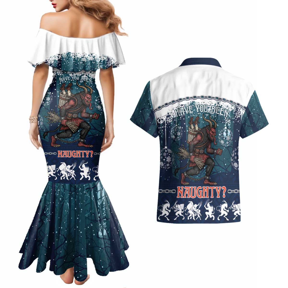 Gruss vom Krampus Christmas Couples Matching Mermaid Dress and Hawaiian Shirt Creepy Xmas Devil - Wonder Print Shop