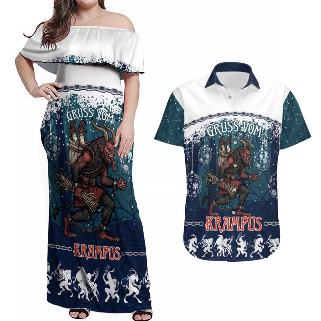 Gruss vom Krampus Christmas Couples Matching Off Shoulder Maxi Dress and Hawaiian Shirt Creepy Xmas Devil - Wonder Print Shop