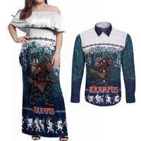 Gruss vom Krampus Christmas Couples Matching Off Shoulder Maxi Dress and Long Sleeve Button Shirt Creepy Xmas Devil - Wonder Print Shop