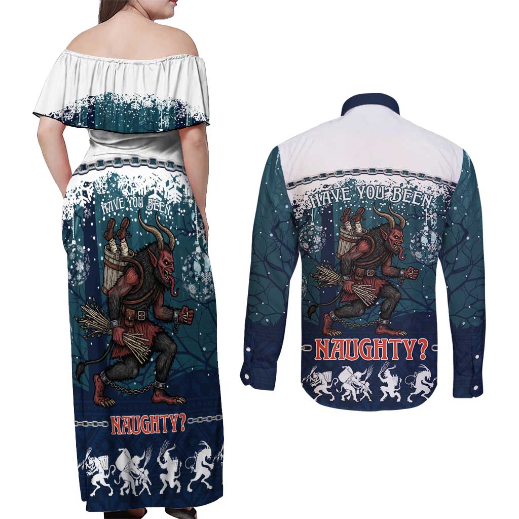 Gruss vom Krampus Christmas Couples Matching Off Shoulder Maxi Dress and Long Sleeve Button Shirt Creepy Xmas Devil - Wonder Print Shop