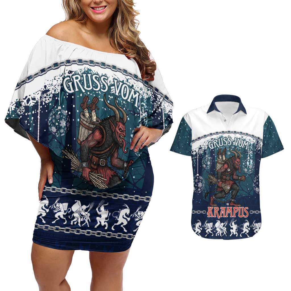 Gruss vom Krampus Christmas Couples Matching Off Shoulder Short Dress and Hawaiian Shirt Creepy Xmas Devil - Wonder Print Shop