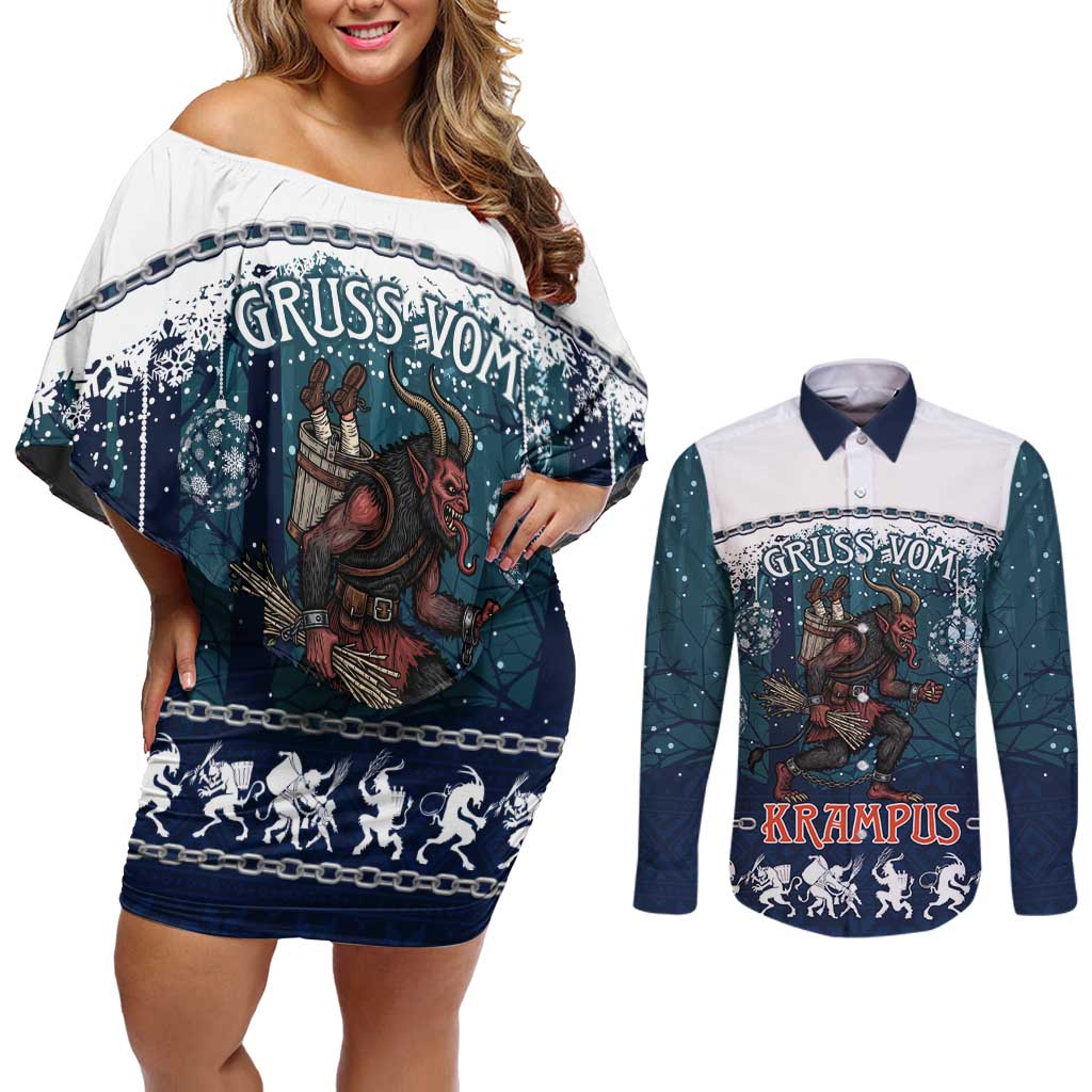 Gruss vom Krampus Christmas Couples Matching Off Shoulder Short Dress and Long Sleeve Button Shirt Creepy Xmas Devil - Wonder Print Shop