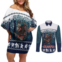Gruss vom Krampus Christmas Couples Matching Off Shoulder Short Dress and Long Sleeve Button Shirt Creepy Xmas Devil - Wonder Print Shop