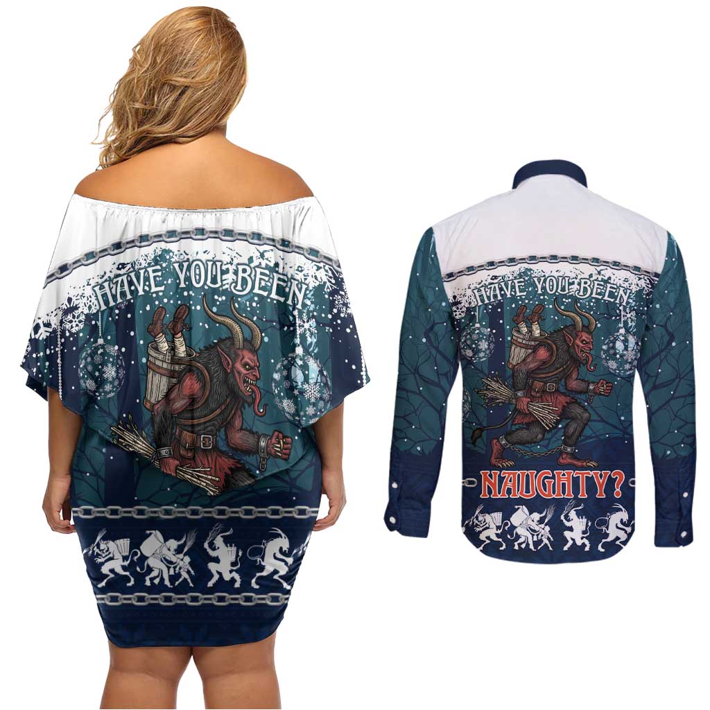 Gruss vom Krampus Christmas Couples Matching Off Shoulder Short Dress and Long Sleeve Button Shirt Creepy Xmas Devil - Wonder Print Shop