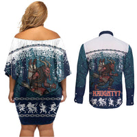 Gruss vom Krampus Christmas Couples Matching Off Shoulder Short Dress and Long Sleeve Button Shirt Creepy Xmas Devil - Wonder Print Shop