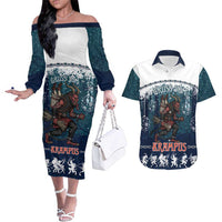 Gruss vom Krampus Christmas Couples Matching Off The Shoulder Long Sleeve Dress and Hawaiian Shirt Creepy Xmas Devil - Wonder Print Shop