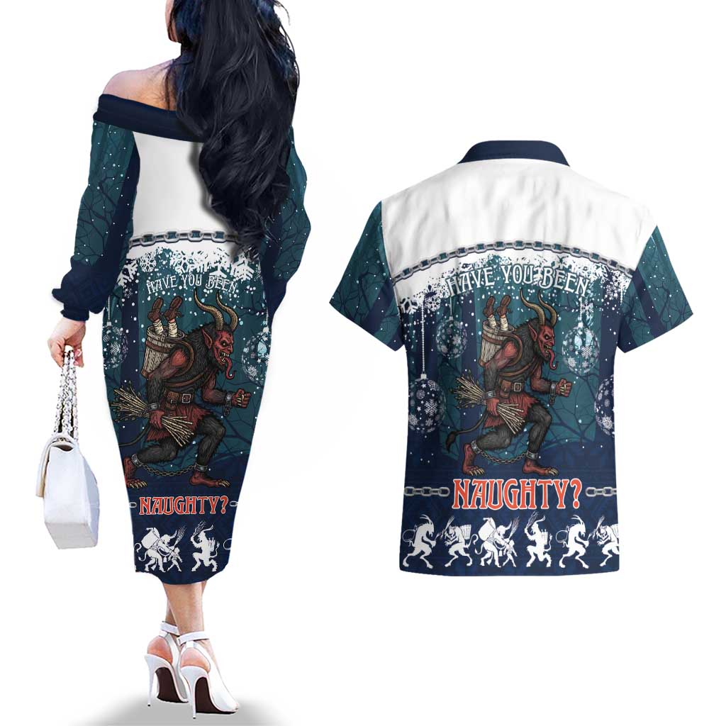 Gruss vom Krampus Christmas Couples Matching Off The Shoulder Long Sleeve Dress and Hawaiian Shirt Creepy Xmas Devil - Wonder Print Shop