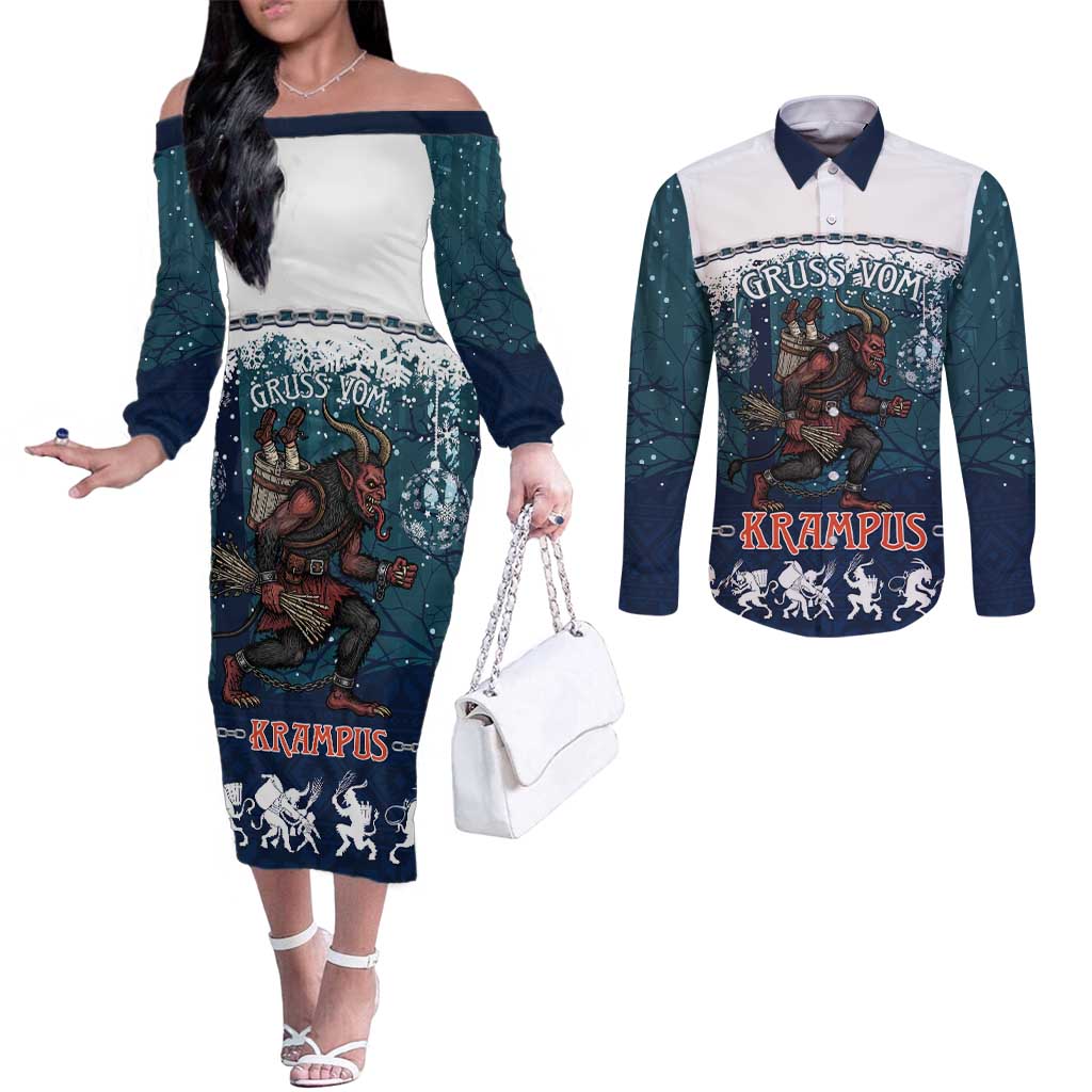 Gruss vom Krampus Christmas Couples Matching Off The Shoulder Long Sleeve Dress and Long Sleeve Button Shirt Creepy Xmas Devil - Wonder Print Shop