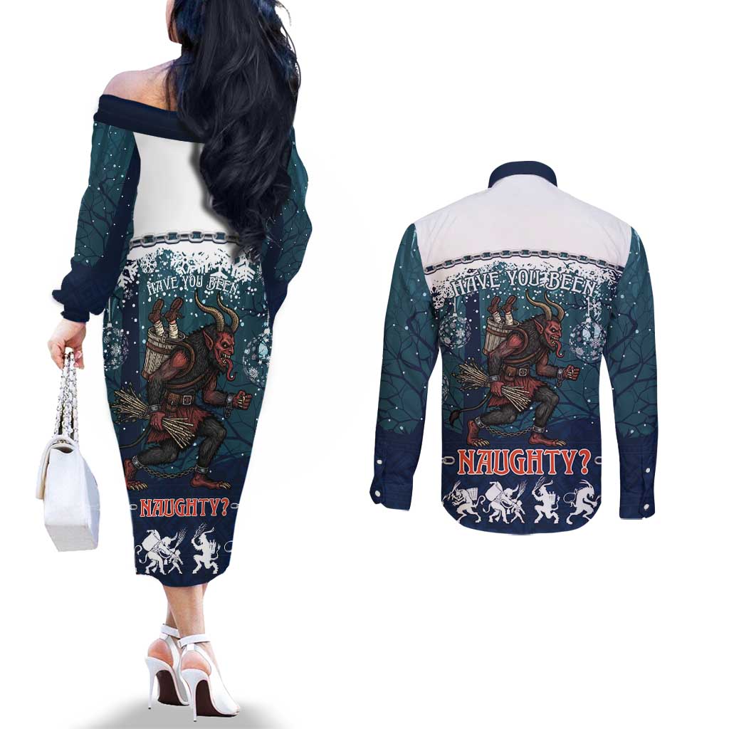 Gruss vom Krampus Christmas Couples Matching Off The Shoulder Long Sleeve Dress and Long Sleeve Button Shirt Creepy Xmas Devil - Wonder Print Shop